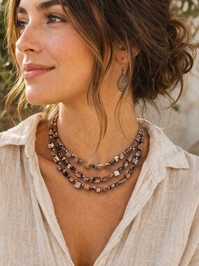 Multi-Strand Brown Shell Stone Beaded Wire Chain Earthy Boho 10" Necklace